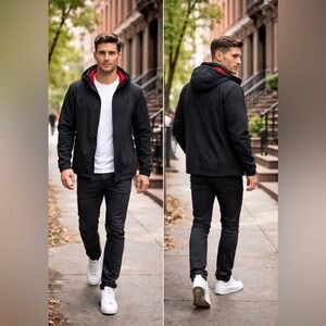 CSG Softshell Jacket Mens Large Black Red Fleece Lined Hooded Athletic Zip